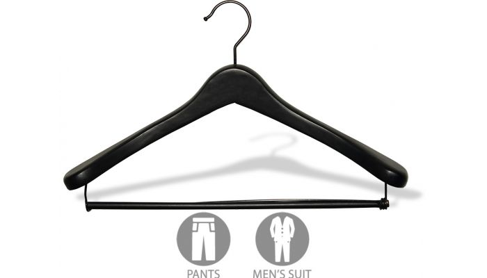 Set of 50 Matte Black Wood Suit Hangers W/Locking Bar Black Hook